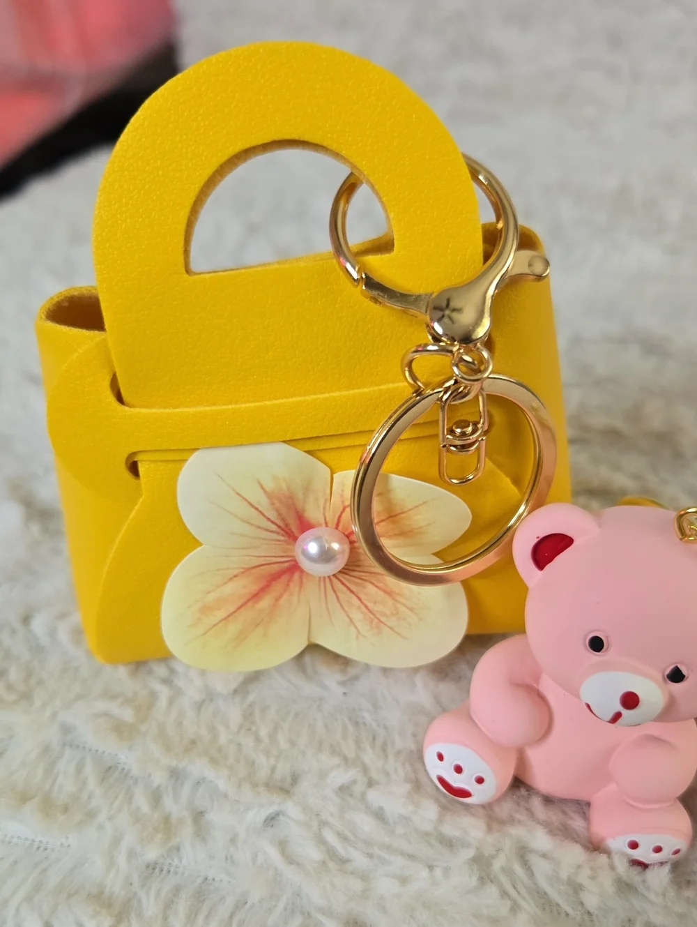 Cute Pink Teddy Keychain with Yellow Purse Charm - Accessories